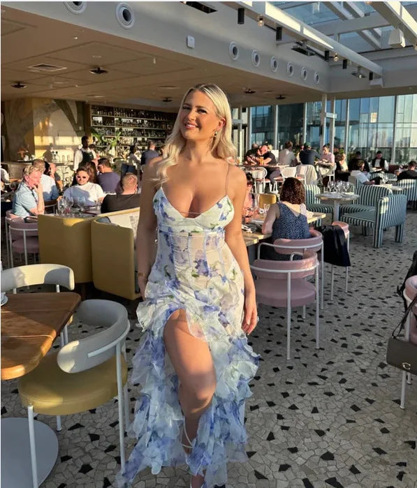 Boho Floral Ruffles Sleeveless Maxi Dress for Women