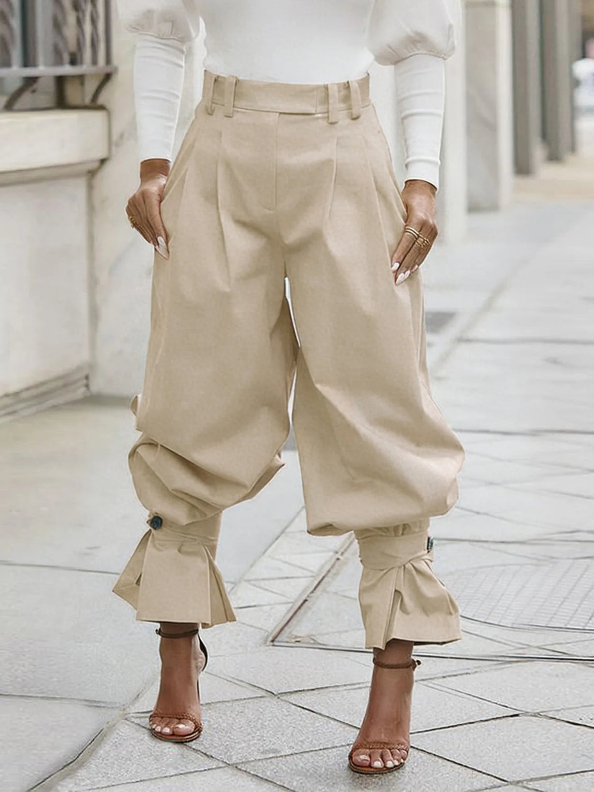 Ruched Stretch Wide Leg Casual Work Trousers for Women