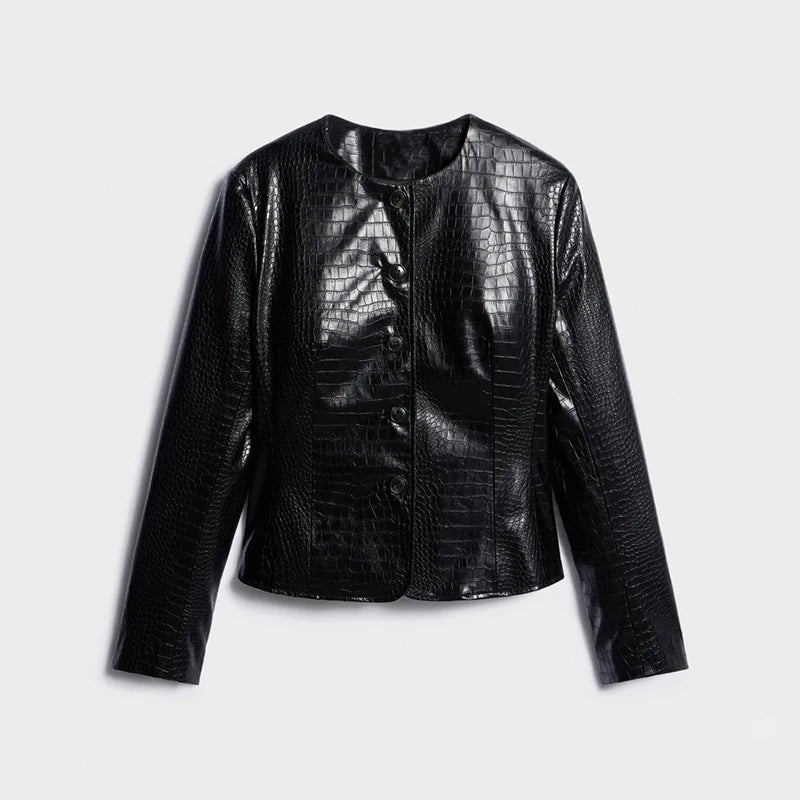 Slim Fit Single Breasted Faux Leather Jacket for Women