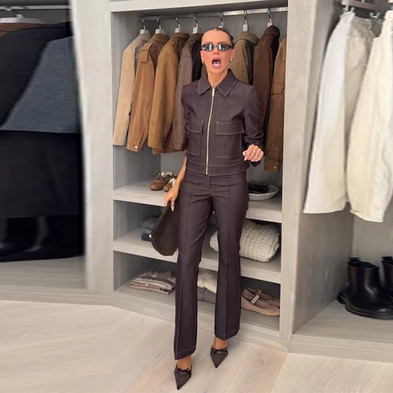 Vintage Turn Down Collar Denim Coat And Pants Set for Women