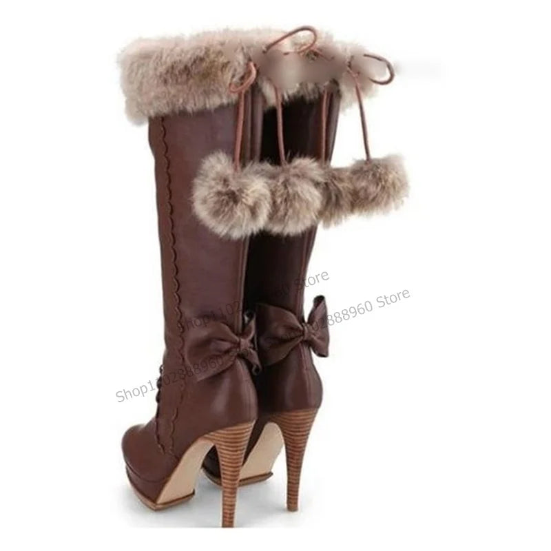Slip On Brown Pointed Toe Platform Fur Bow Knee High Boots for Women