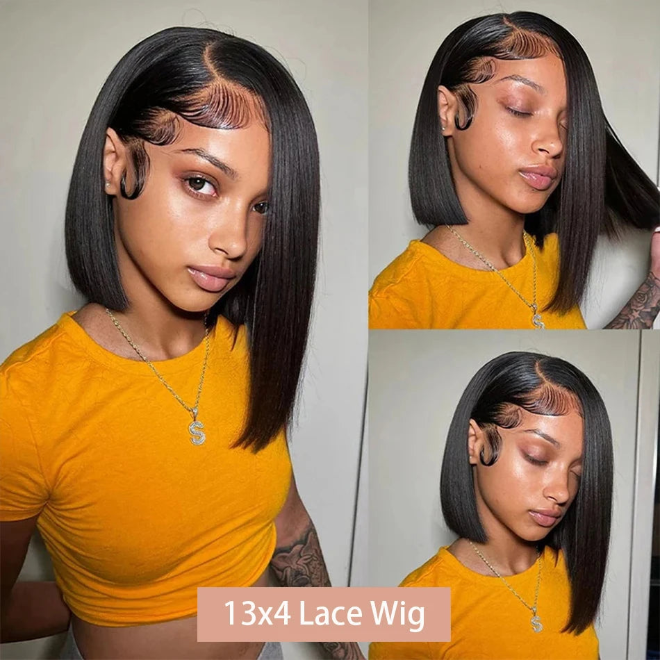 13x4 Bone Straight Bob Wig Lace Front Human Hair Wigs 4x4 Short Bob Wig Lace Frontal Wig 100% Human Hair 200% Density 12 14 Inch