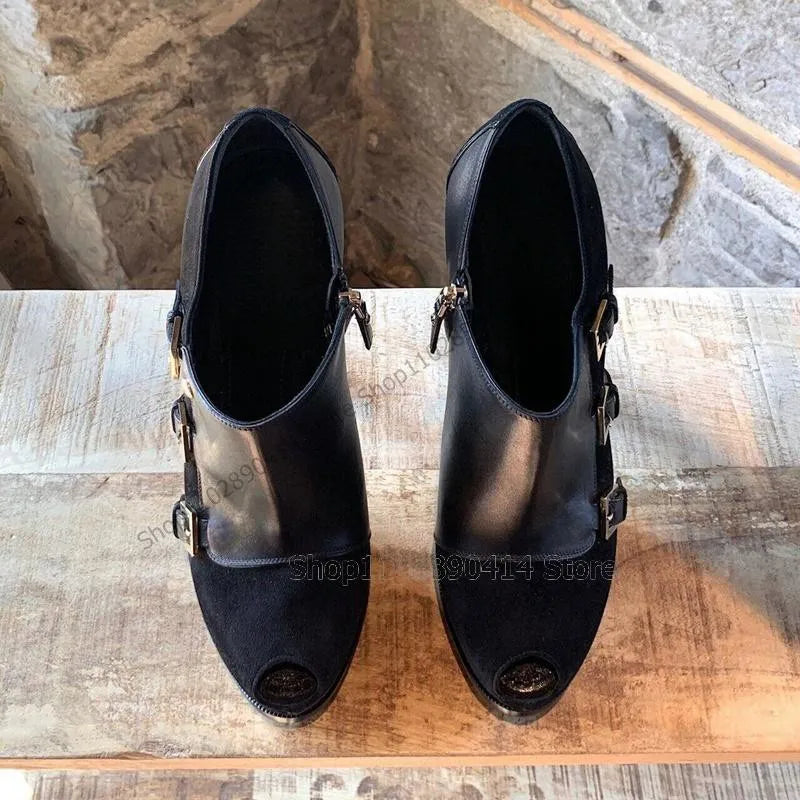 Black Patchwork Peep Toe Pumps With Side Zipper For Women