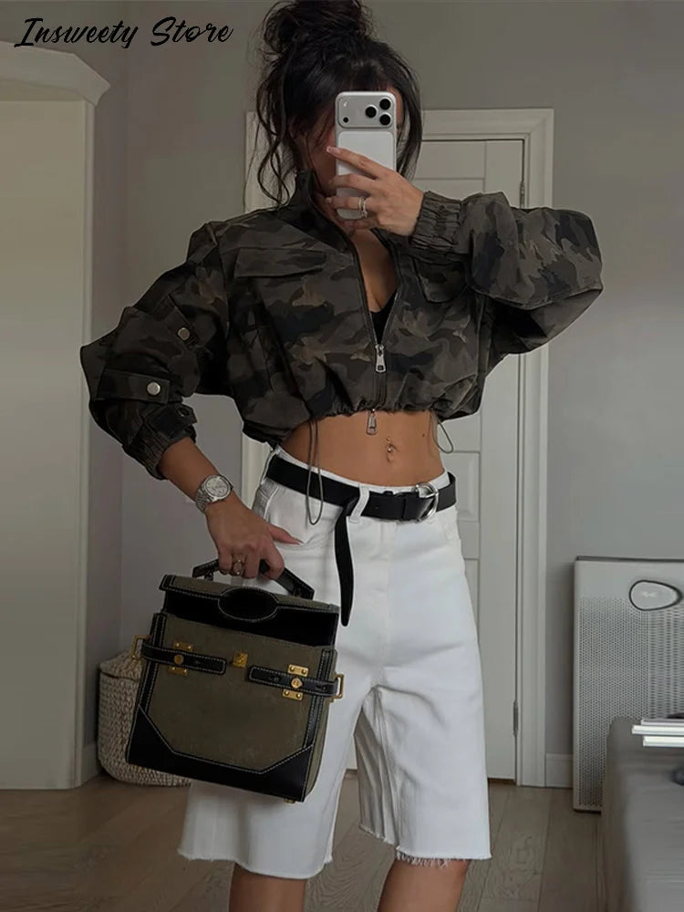 Y2K Camouflage Cropped Zip Jacket With Stand Collar for Women