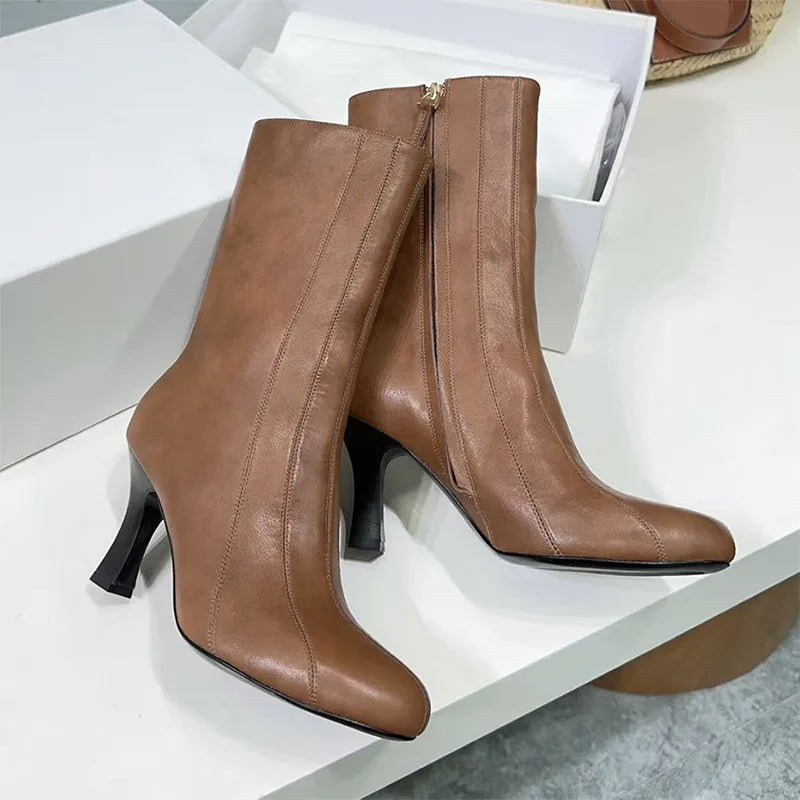 Genuine Leather High Heel Round Toe Mid Calf Boots for Women