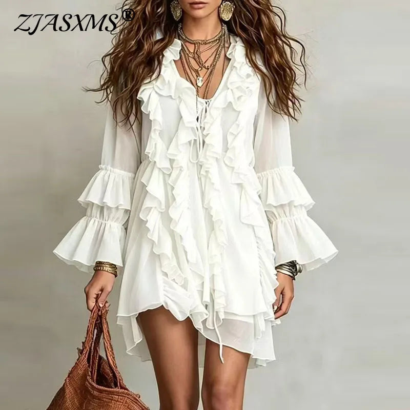 V-Neck Lace-Up Ruffle Bell Sleeve Mini Dress for Women