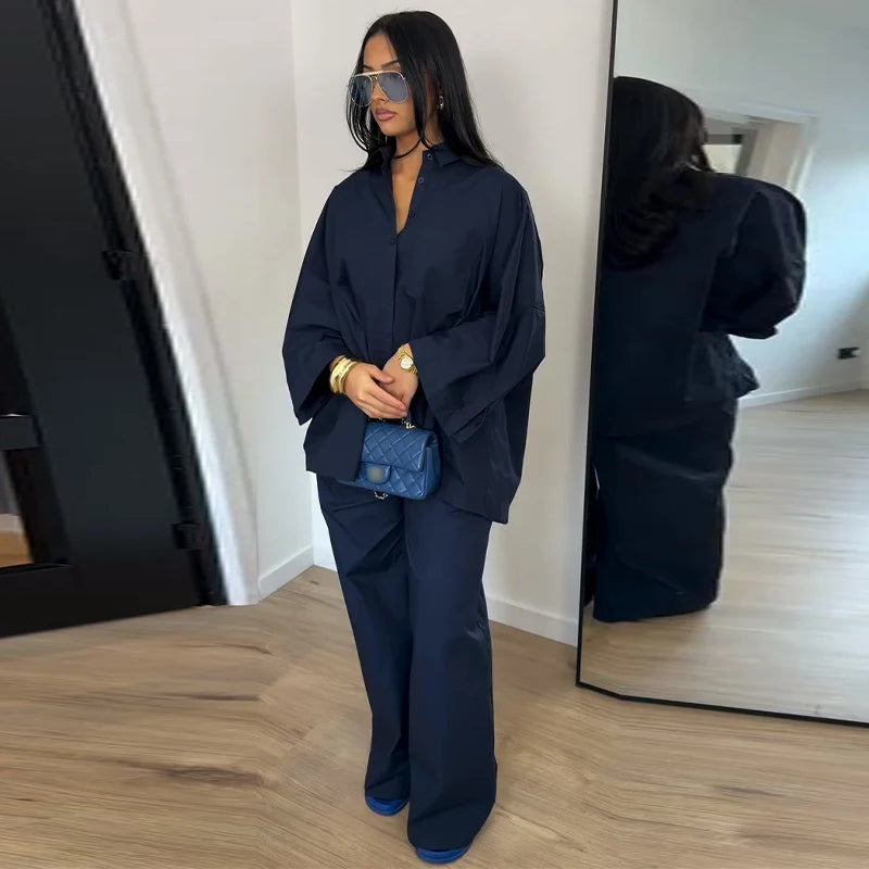 Casual Solid Shirt and Wide Leg Pants Set for Women