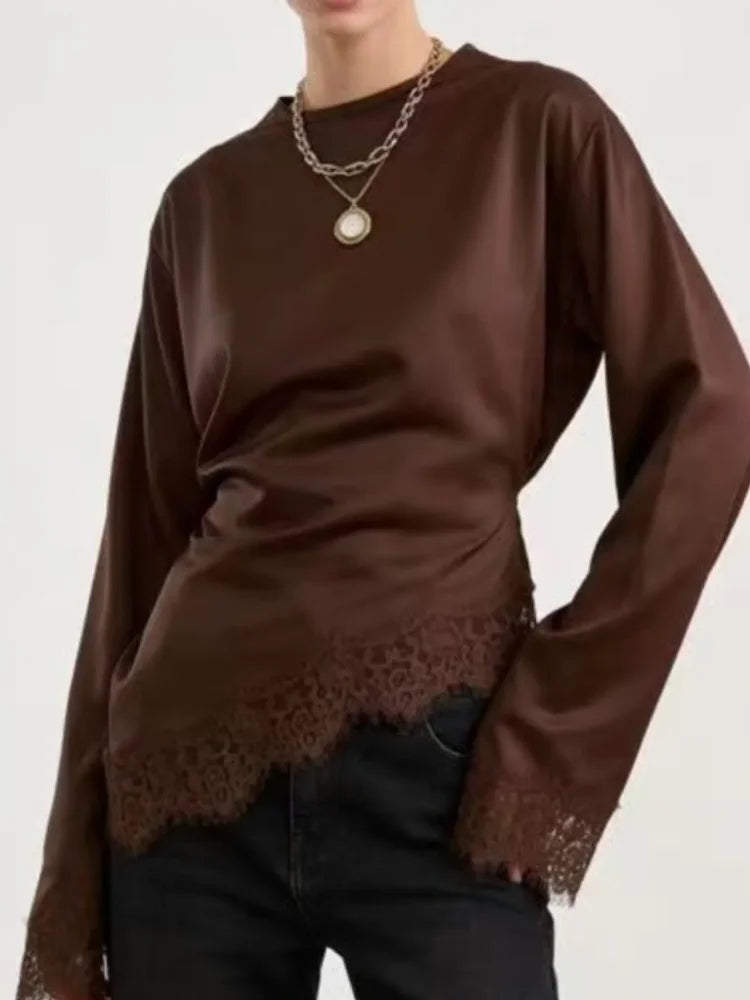 Asymmetric Lace Patchwork Loose Long Sleeve Shirt for Women
