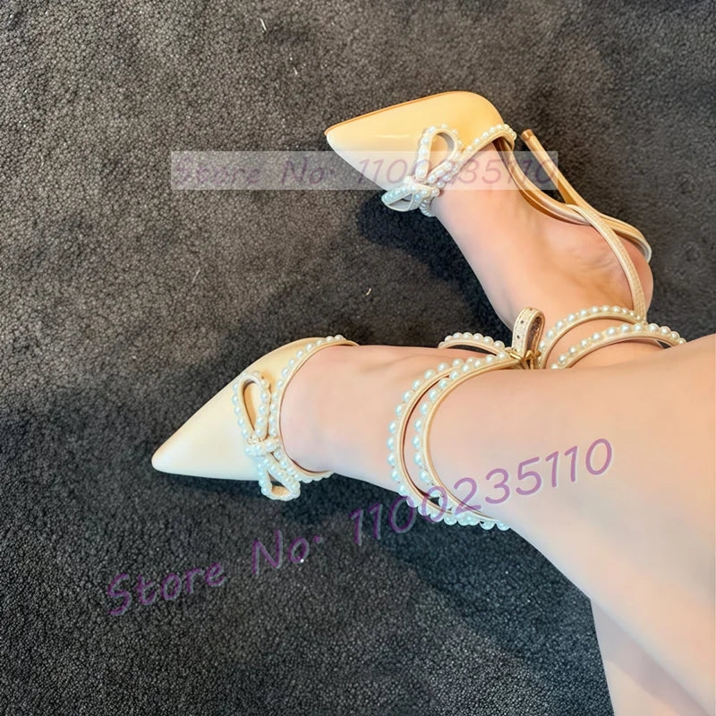 Pearl Bow Decal Pointy Toe Heeled Sandals Women Sweet Patent Leather Cross Ankle Strap Stiletto Ladies Summer Party Pink Sandals
