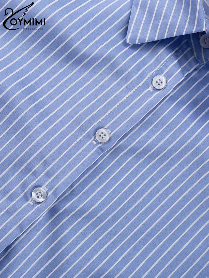 Oymimi Elegant Blue Striped Print Sets For Women 2 Pieces Fashion Long Sleeve Button Crop Tops And High Waist Pleated Skirts Set