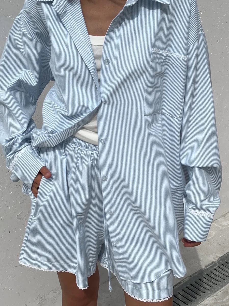 Striped Long Sleeve Cotton Shirt And Shorts Set For Women