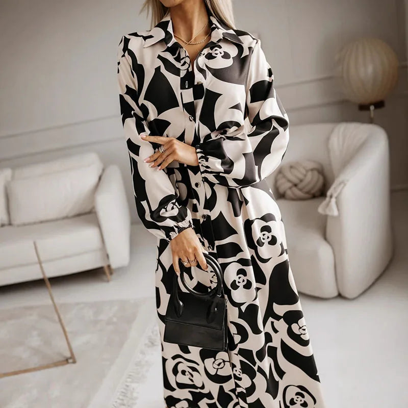 Elegant Turn-down Collar Button Split Long Dress Women Retro Floral Print Office Shirt Dress Autumn Long Sleeve Loose Maxi Dress