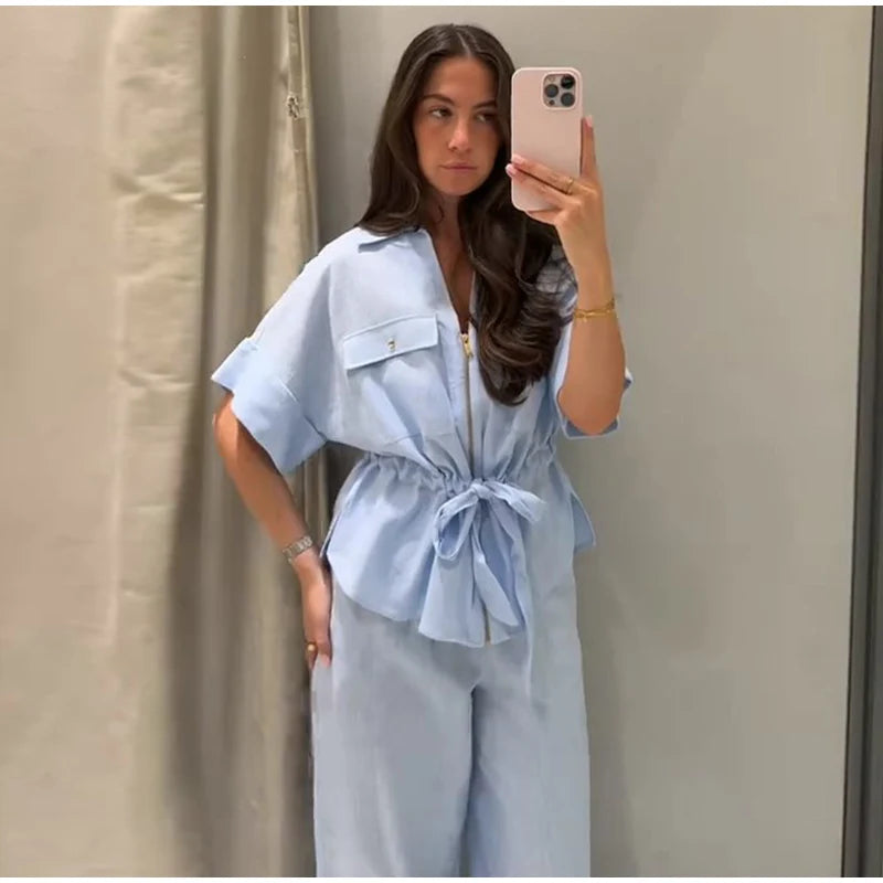 Casual Solid Chic Coat And Wide Leg Trouser Set for Women