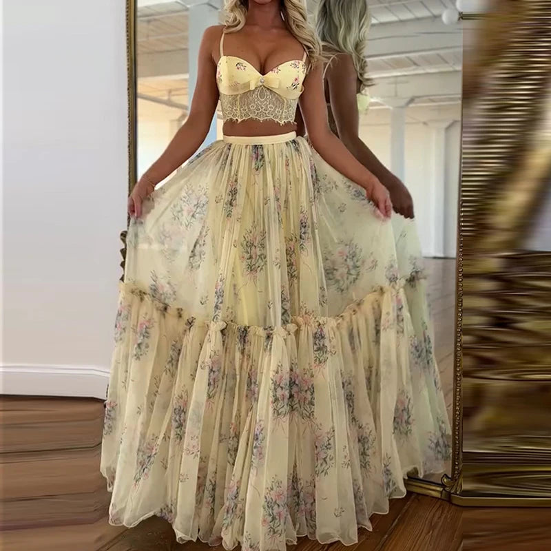Printed Spaghetti Strap Top and Maxi Skirt Set for Women