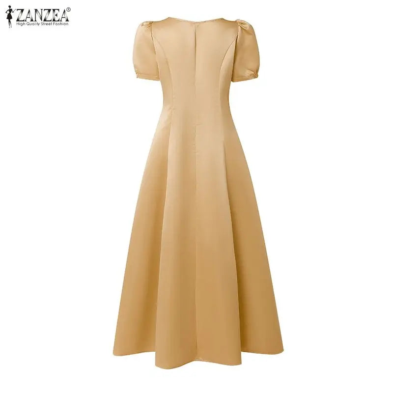 Square Neck Satin Puff Sleeve Maxi Dress