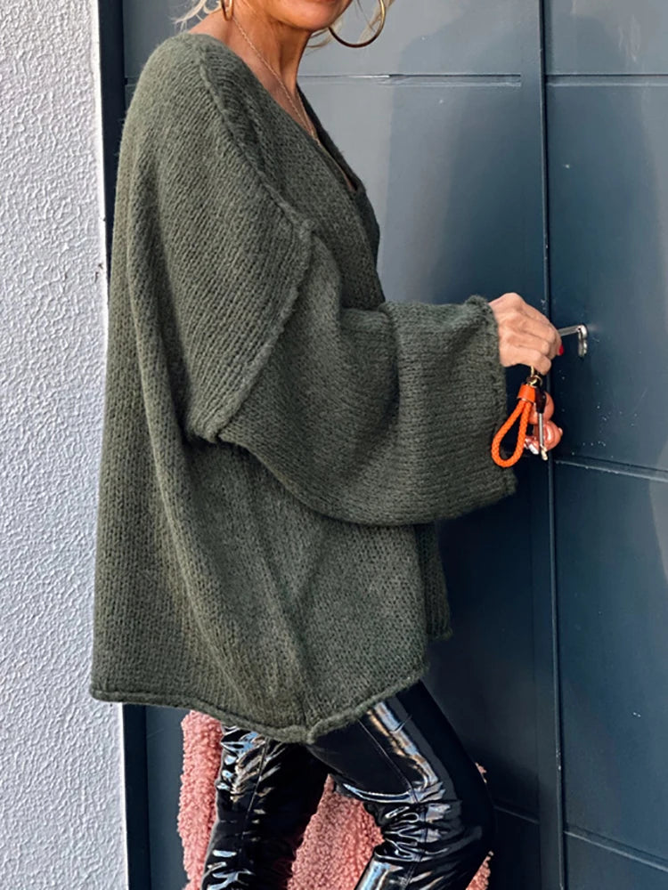 Casual V Neck Patchwork Simple Tops, Women Autumn Winter Long Raglan Sleeve Solid Sweaters, 2025 Loose Straight Ladies Pullovers