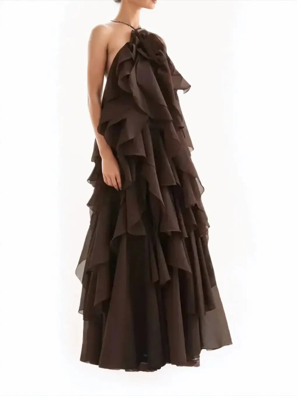 Backless 3D Flower Cascading Ruffle Halter Maxi Dress For Women