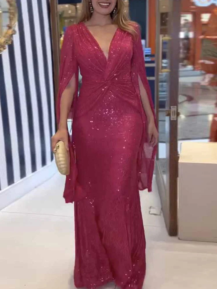 Elegant Sequin V Neck Long Sleeve Floor Length Maxi Dress for Women