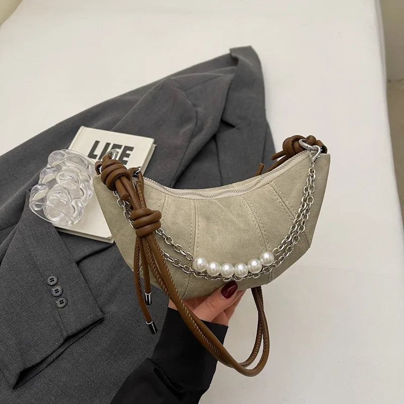 Retro Denim Dumpling Bag Creative Horn Design Pearl Pendant Messenger Bag Brand High-grade Leather Ladies Versatile Shoulder Bag