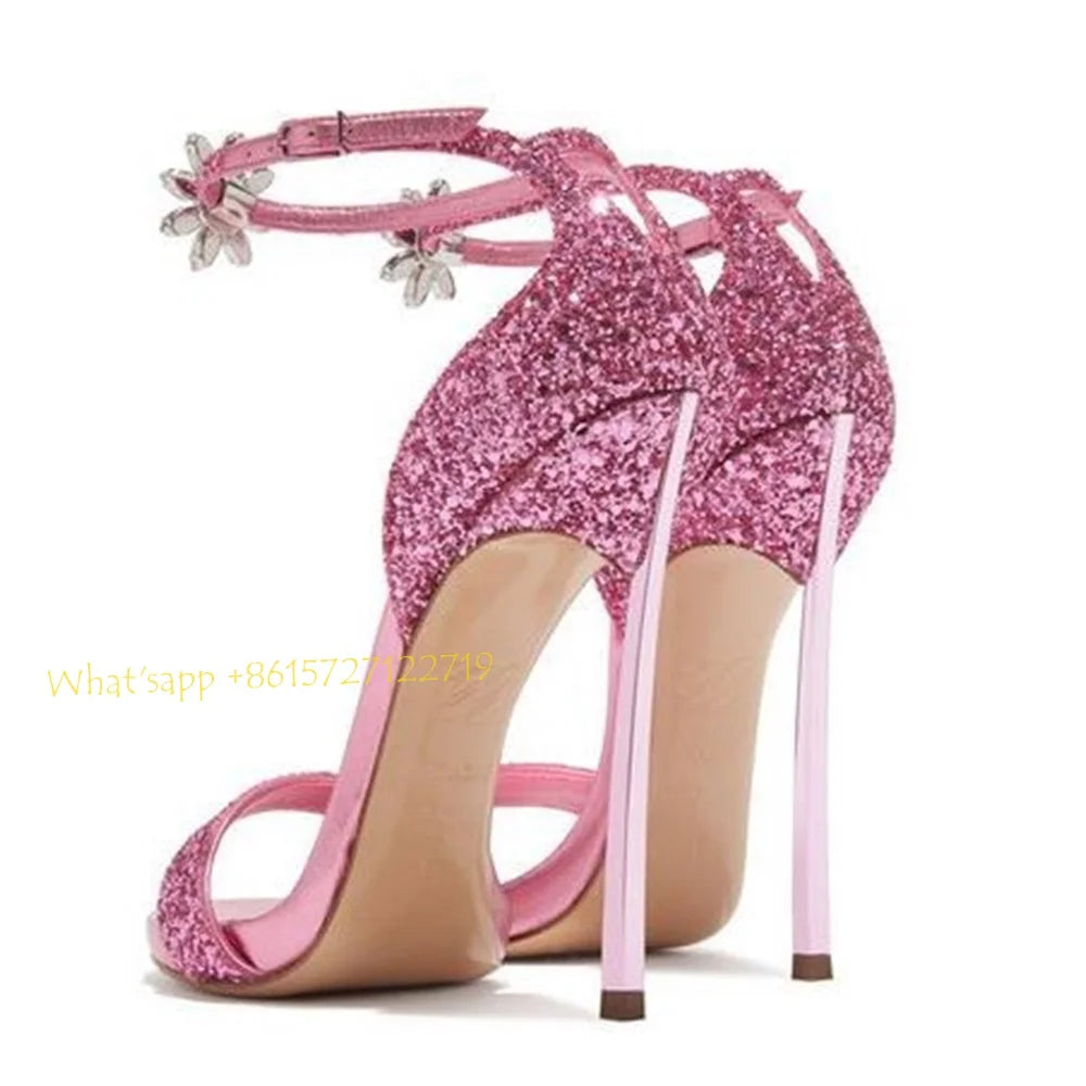 Pink Crystal Embellished Peep Toe Sandals For Women