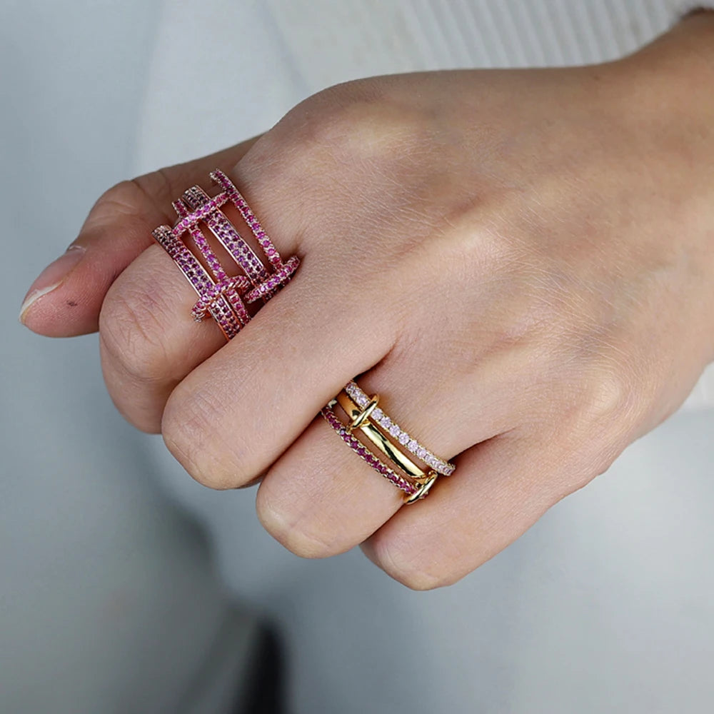 Gold Tone Pink Zircon Stacking Band Rings for Women