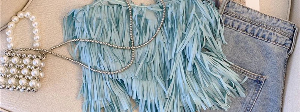 Chic Blue Fringe Tassel Halter Summer Top for Women