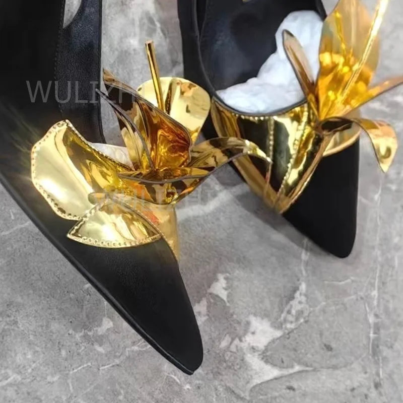 Floral Applique Metallic Patent Leather Slingback Sandals for Women