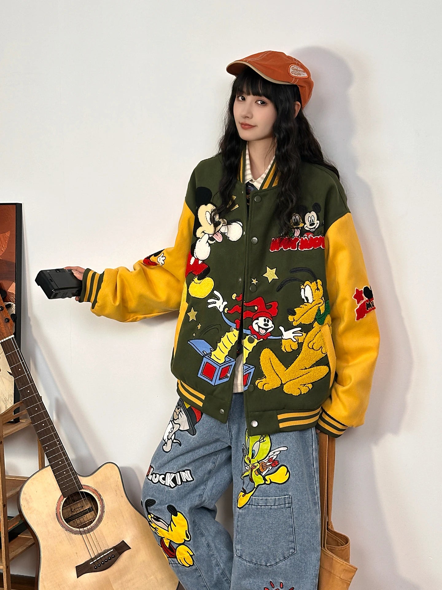 American Retro Cartoon Embroidery Thickened Cotton Baseball Jacket for Women Loose Cotton Coat for Autumn and Winter 2025 New