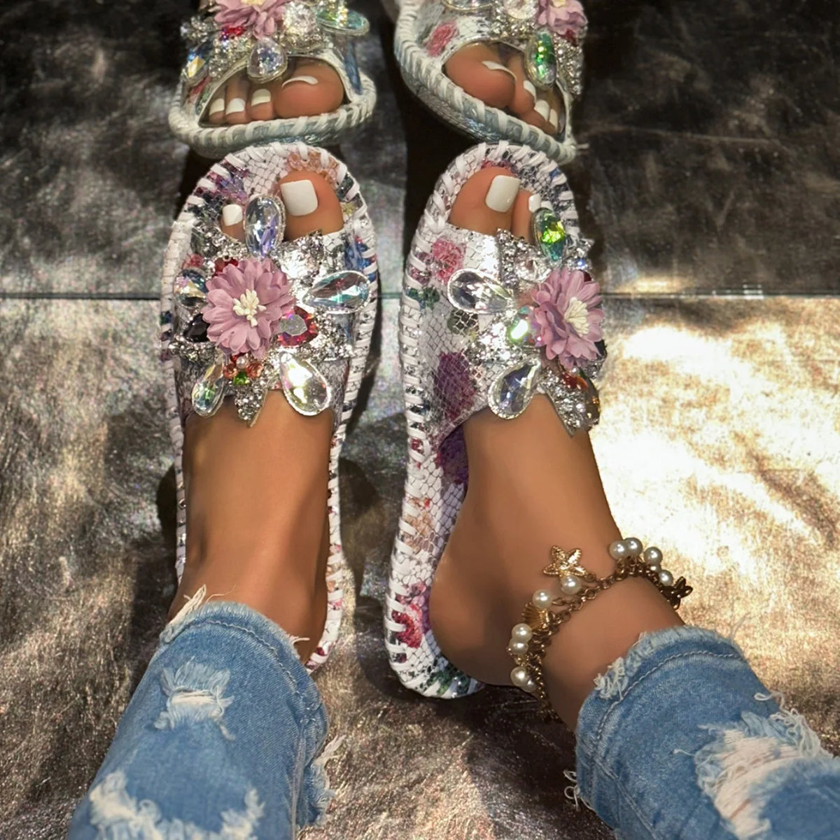 Crystal Flower Platform Outdoor Slippers for Women