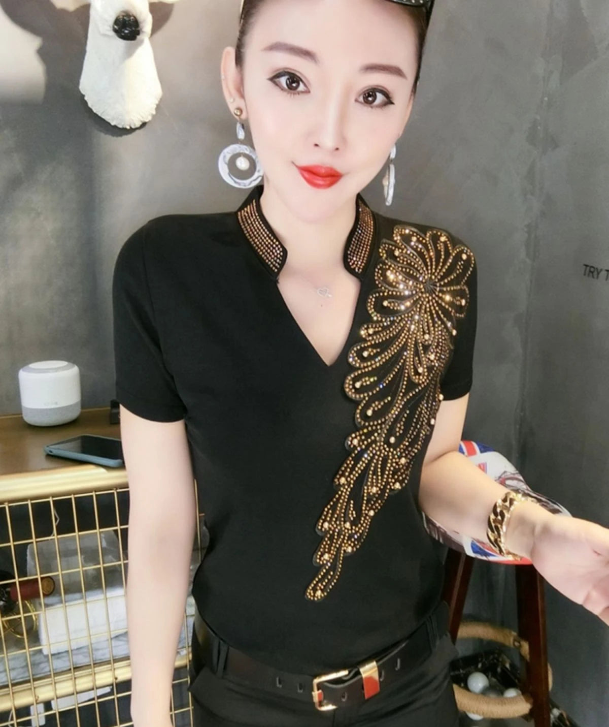 Sequin Women Tops Sleeve Polo Shirt Rhinestone Pulovers Vintage Glitter Luxury Women's Blouses Promotion Free Delivery Neck Cute