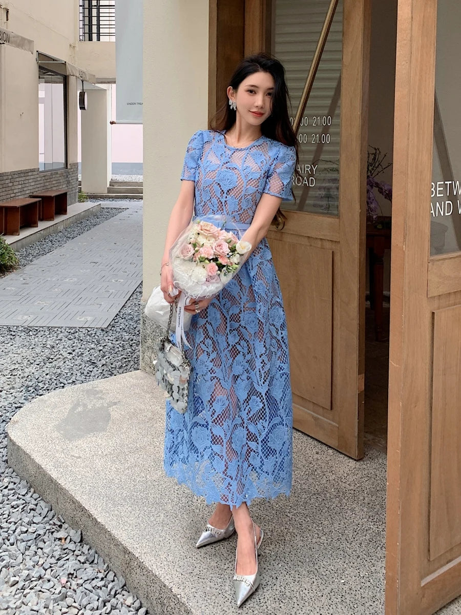 High-end Blue Heavy Lace Hollow Round Neck Short Sleeve Women's Summer Dresses New Elegant High Waist Slim Long Party Dress