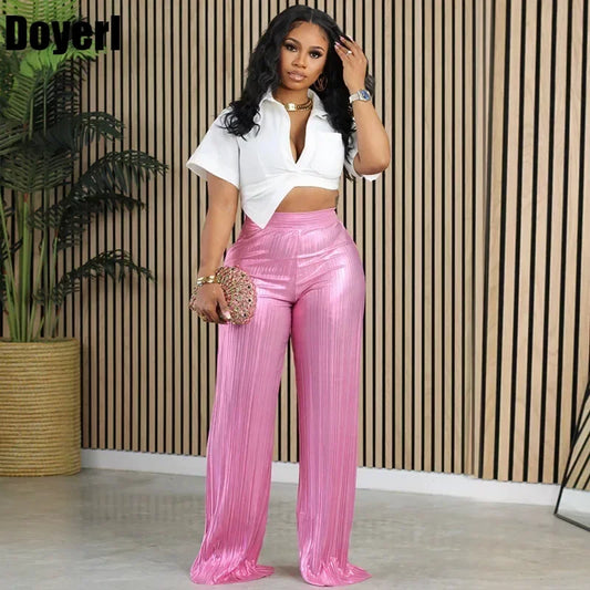 Doyerl Elegant Metallic Pants for Women High Waist Pleated Straight Trousers Y2K Shiny Night Club Party Wide Leg Trousers Female