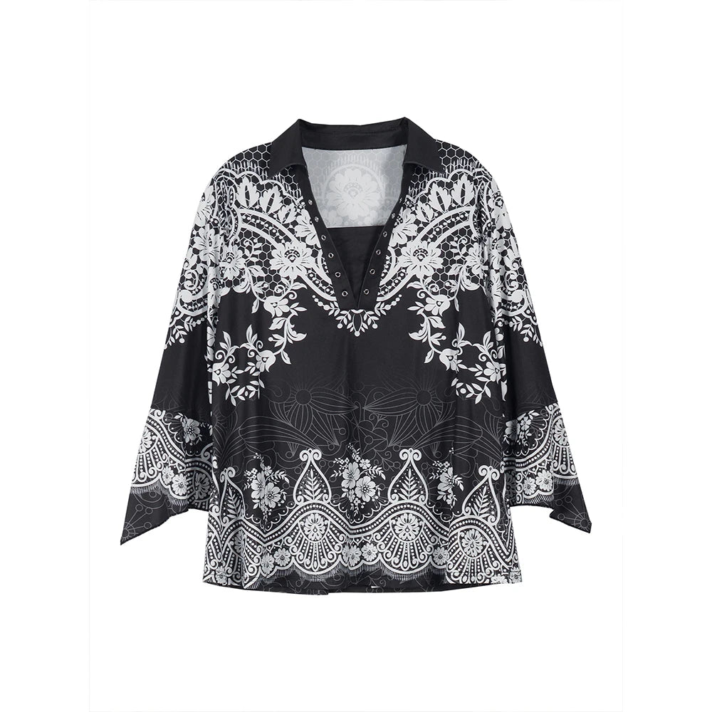 Plus Size Women's Flower Print Irregular Cuff T-Shirt Spring and Autumn Casual Quarter Sleeve Tops Women's