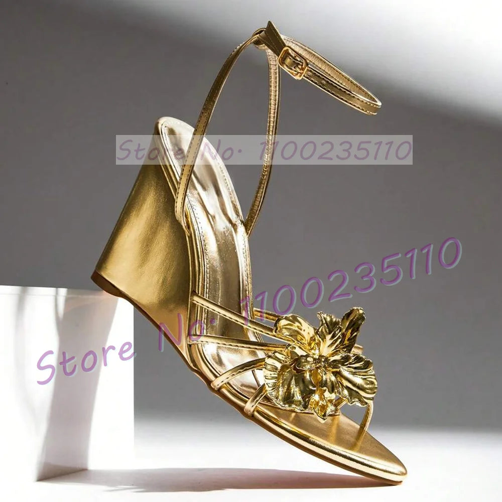 Chic Gold Mirror Wedge Sandals With Ankle Strap For Women