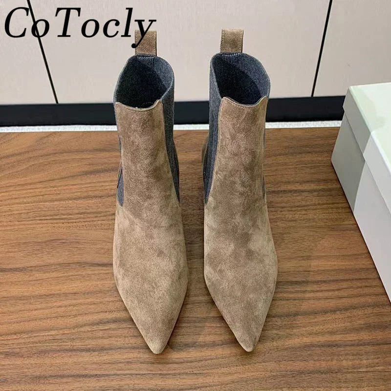 Pointed Toe Kitten Heel Suede Ankle Boots For Women