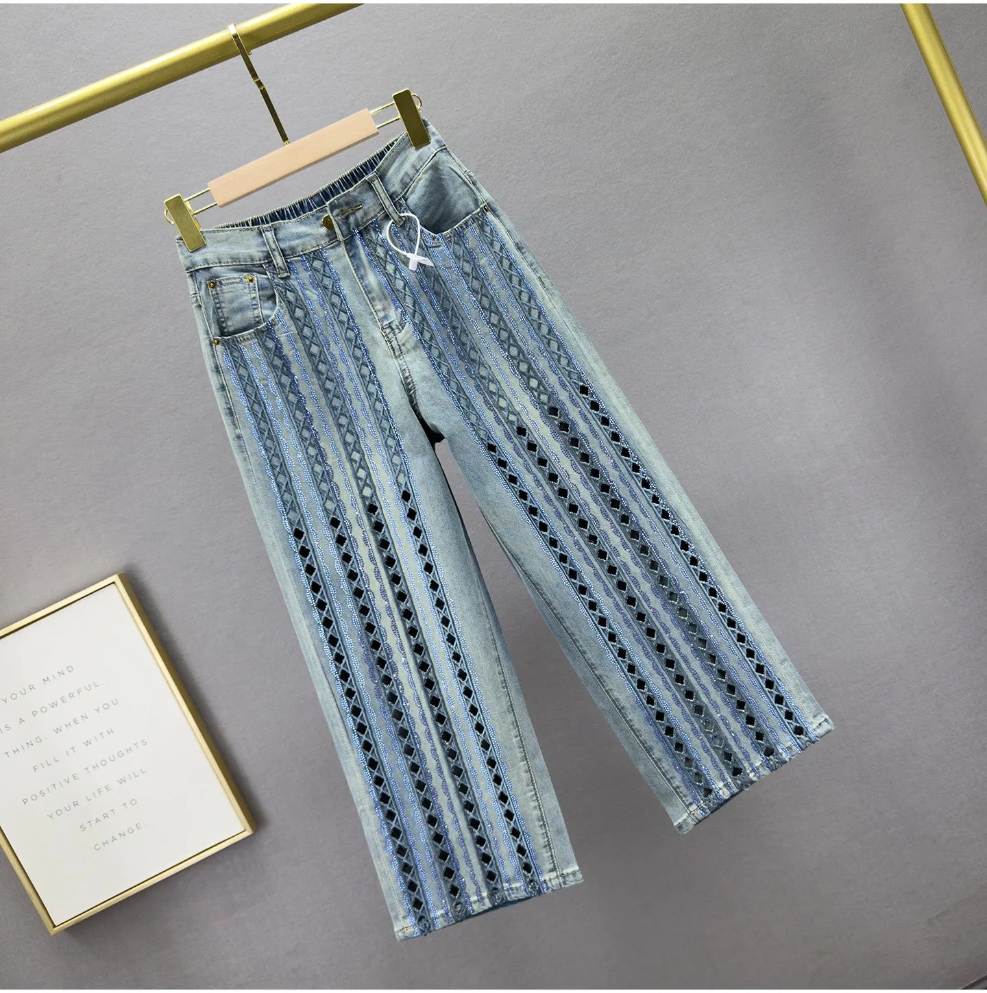 Heavy Cut Out Hot Diamond Jeans Women's Cropped Pants Summer New Fashion Thin High Waist Loose Slimming Straight-leg Pants