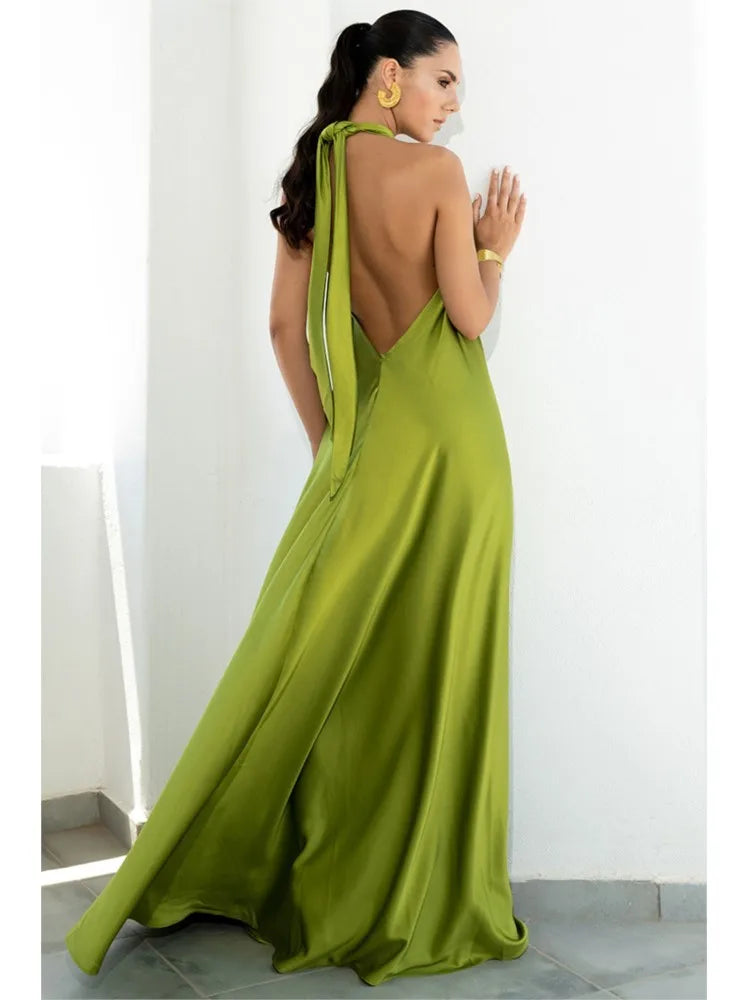 Backless Halter Neck Satin Evening Dress for Women