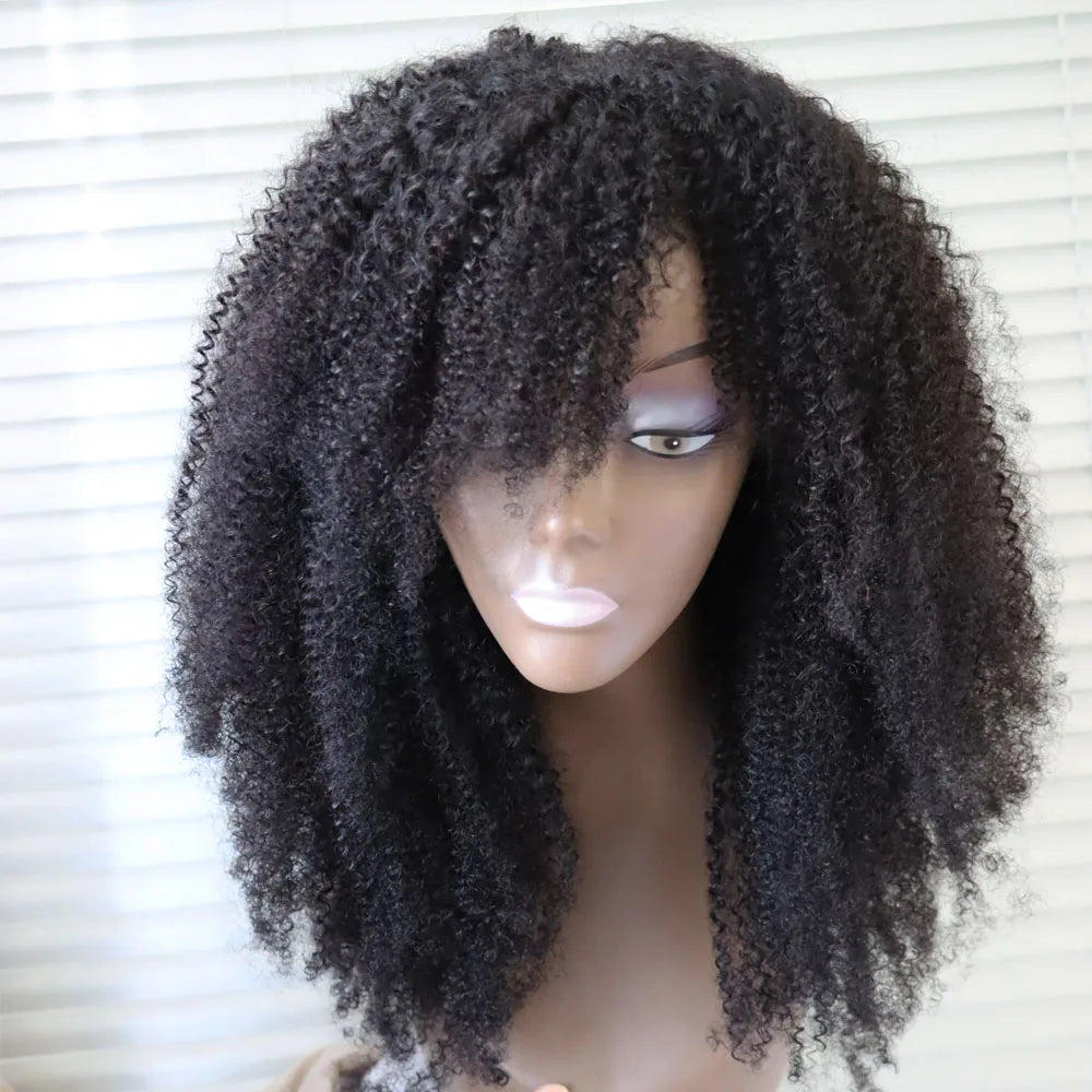 Afro Kinky Curly Human Hair Wig With Bangs for Women
