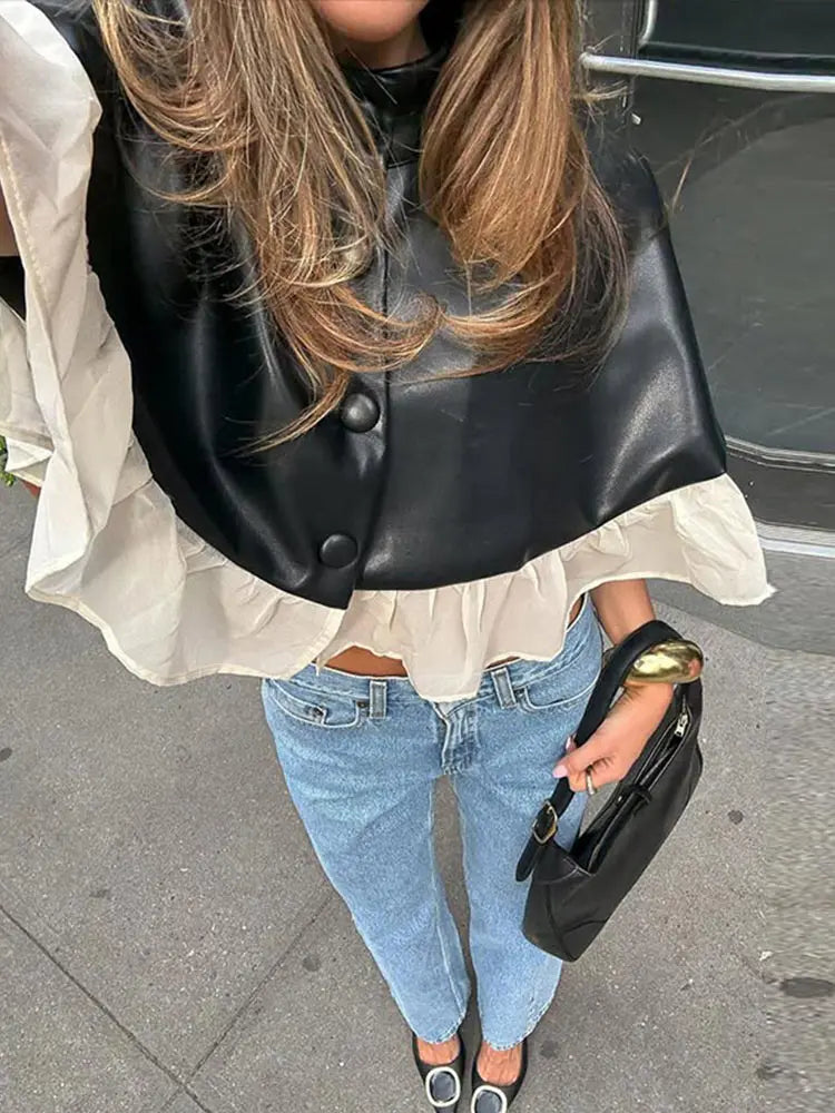Elegant Mesh Patchwork Short Cape Coat With Stand Collar for Women