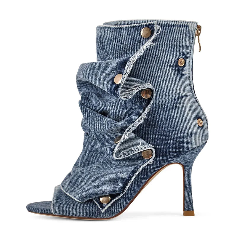 Mid-Calf Open Toe High Heel Pleated Boots for Women
