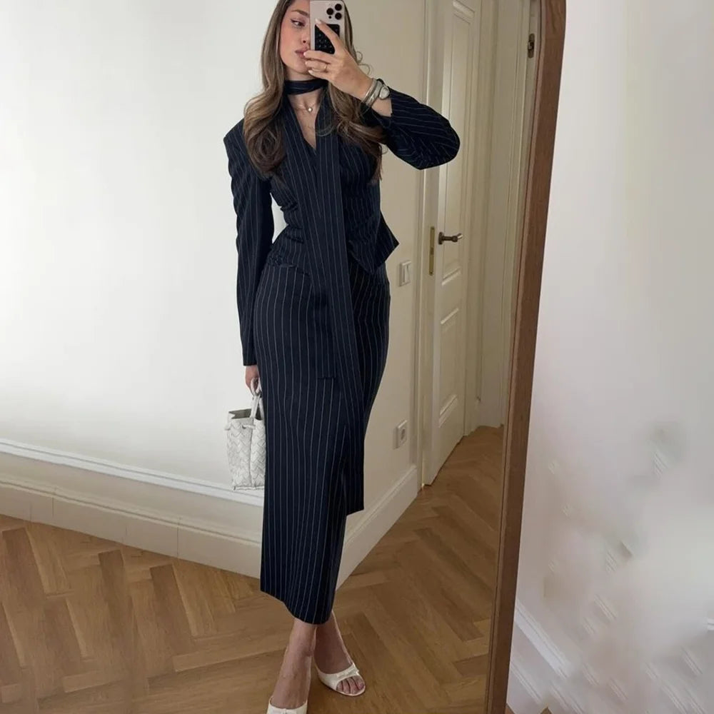 Single Breasted Blue Striped Blazer Skirt Set for Women