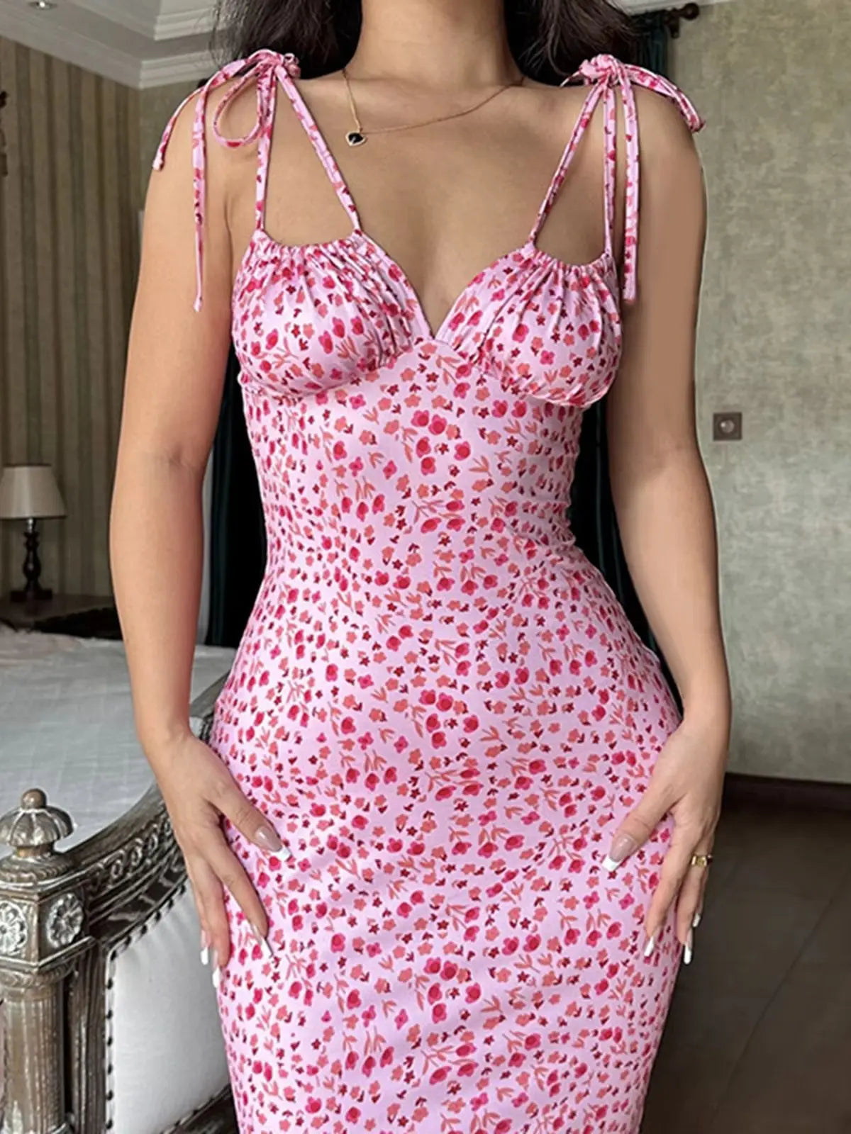 Floral Spaghetti Strap V Neck Midi Dress for Women