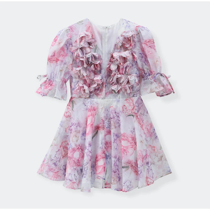 Floral Printed Ruffle Mini Dress with Deep V Neck for Women