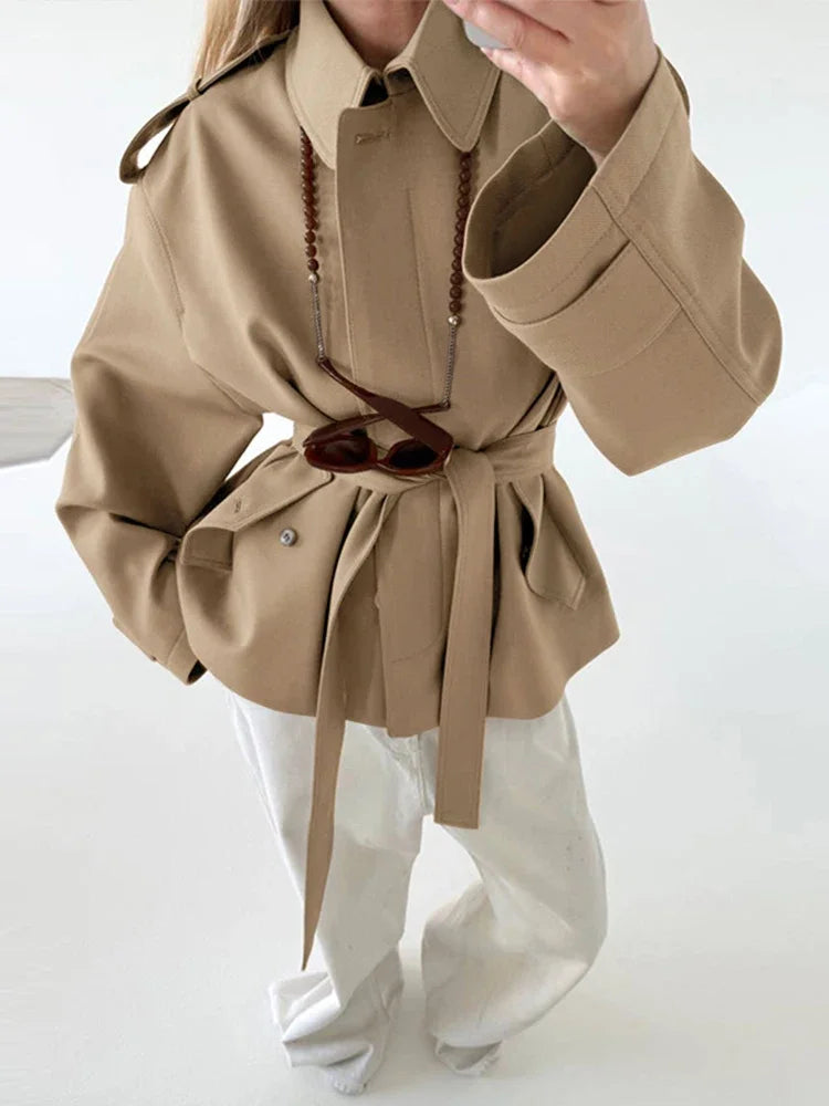 Elegant Belted Vintage Style With Stand Collar Coat for Women