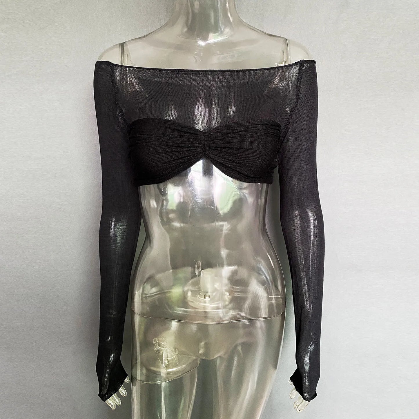 Cryptographic Elegant Front Ruched Cropped Top for Women Fashion Long Sleeve Off Shoulder Sexy Backless Sheer Knit Mini Top Slim