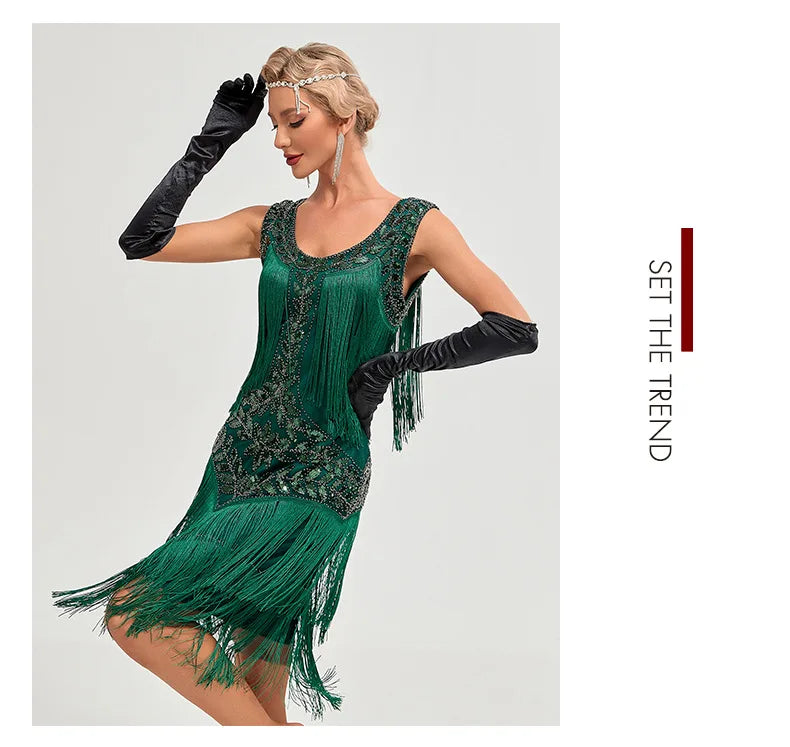 Sequined Beaded Embroidery O Neck Knee Length Dress for Women