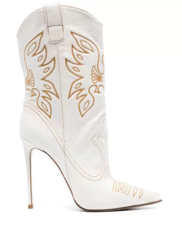 Embroidery Punk Point Toe Mid Calf Boots With Thin Heel For Women