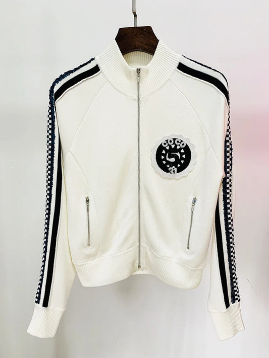 HIGH STREET Newest Fashion 2025 Spring Designer Jacket Women's Stand Collar Sequin Embroidered Baseball Jacket
