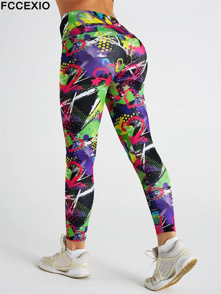 FCCEXIO Hot New Women Leggings Red Lip Love Digital Print Patchwork Fitness Legging Push Up Workout Leggins Pants Sexy Pants