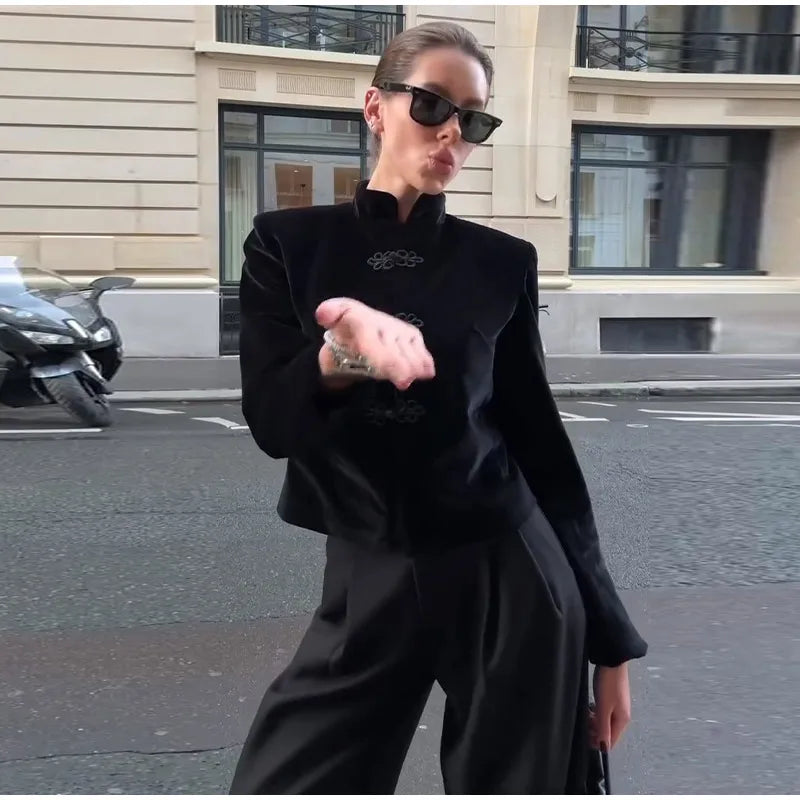 Chinese Knot Stand Collar Long Sleeve Jacket for Women